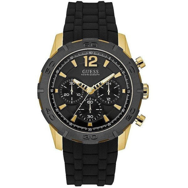 Guess Caliber black silicone strap chronograph watch with gold-tone case and black dial