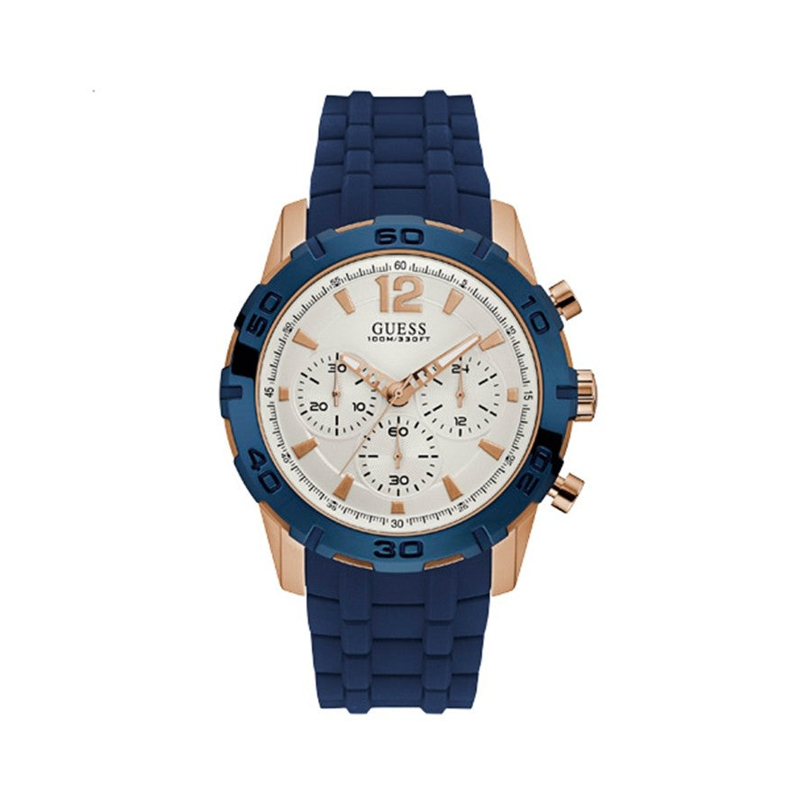 Guess Caliber chronograph men's watch with white dial, rose gold case, and blue rubber strap