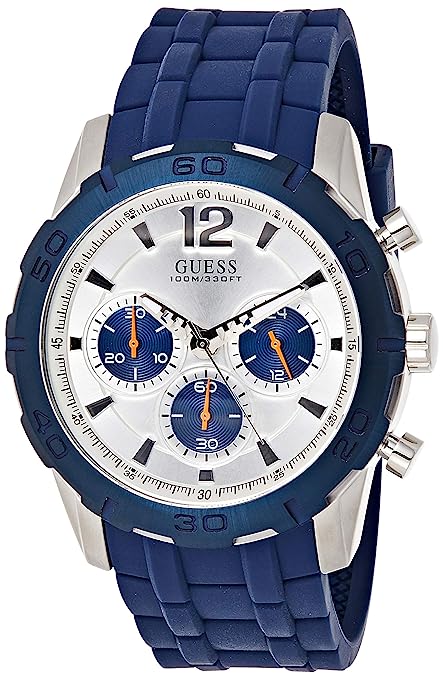 Guess Caliber men's chronograph watch with blue rubber strap and white dial with blue subdials