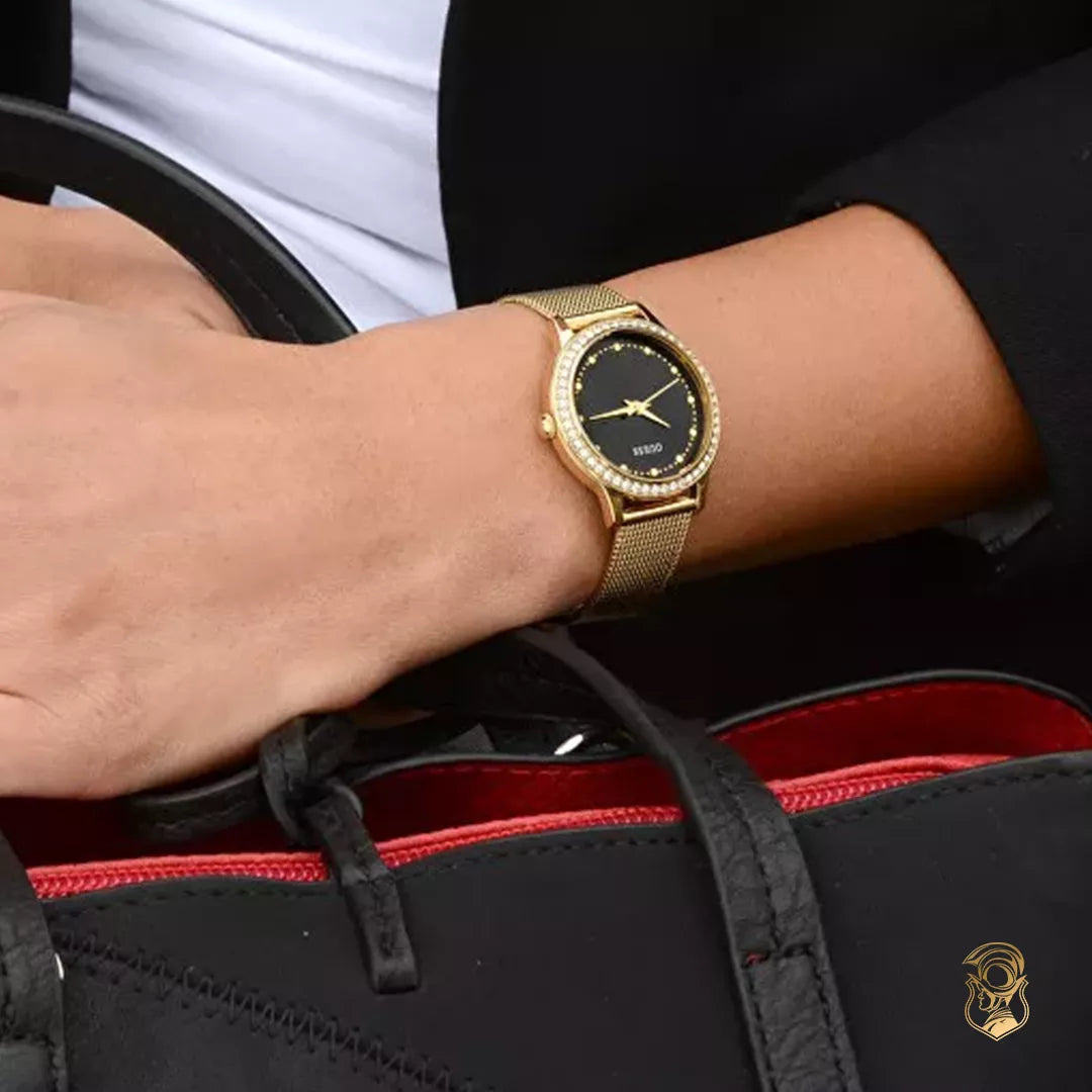 Guess Chelsea Crystals Black Dial Gold Mesh Bracelet Women Watch - W0647L8