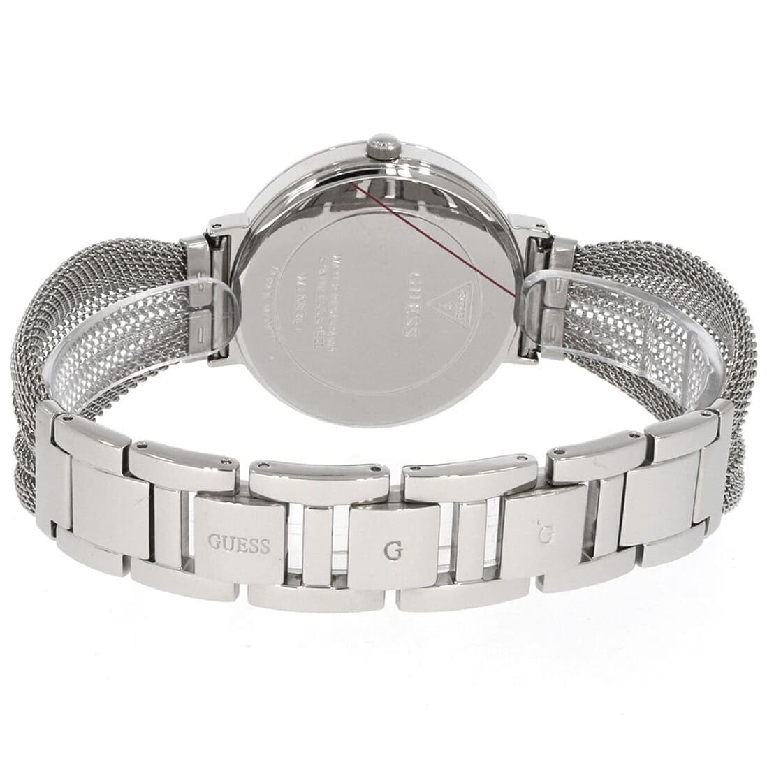Back view of Guess Chiffon watch showing case back and silver mesh strap connection
