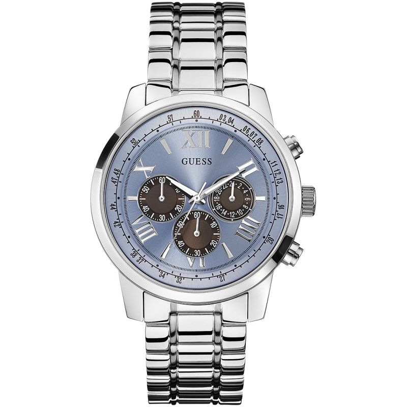 Guess Chrono blue dial silver men's watch with chronograph subdials and Roman numerals
