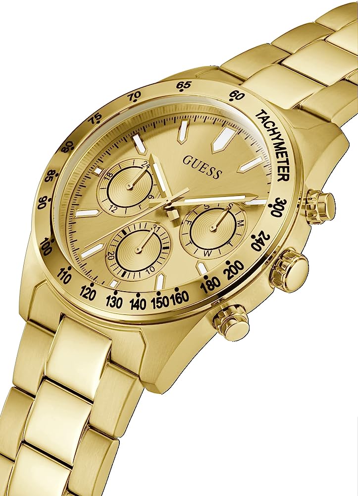 Angled view of Guess gold chronograph showing dial detail and link bracelet