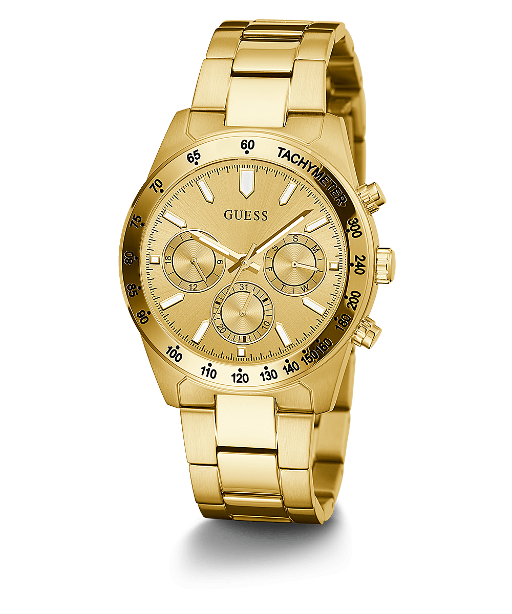 Guess all gold chronograph men's watch with triple subdials and tachymeter bezel