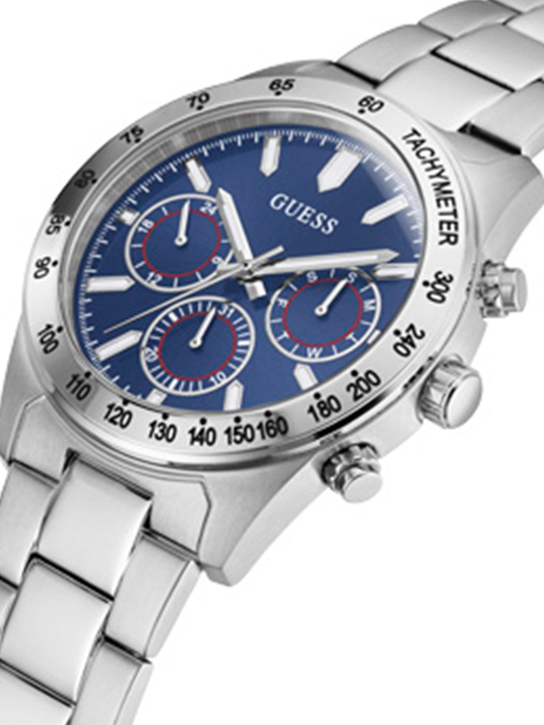Guess chronograph watch angled view showing silver bracelet and tachymeter bezel