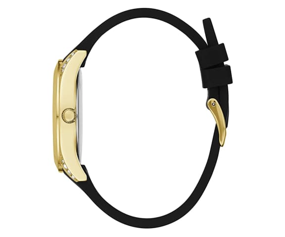 Guess Clarity watch side profile displaying gold-tone case depth and black silicone strap