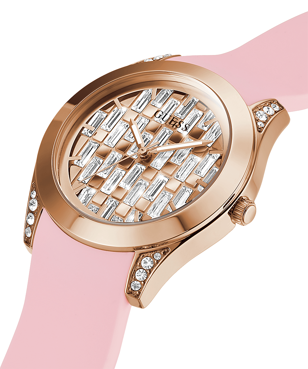 Close-up of Guess Clarity dial showing rectangular pattern, rose gold hands, and crystal-studded case