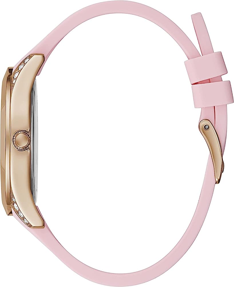 Side view of Guess Clarity watch showing thin rose gold case profile and pink silicone strap