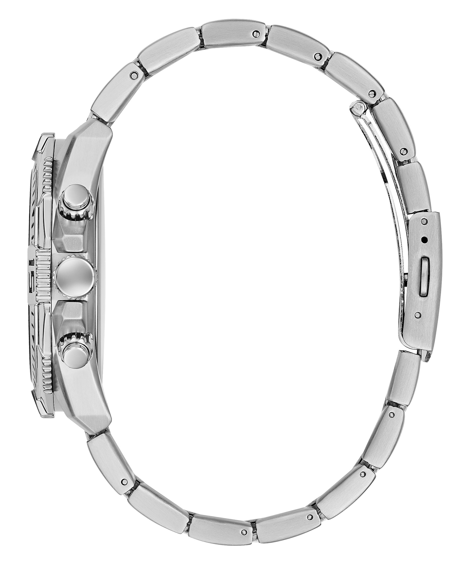 Guess Commander watch side view showing silver stainless steel case and bracelet