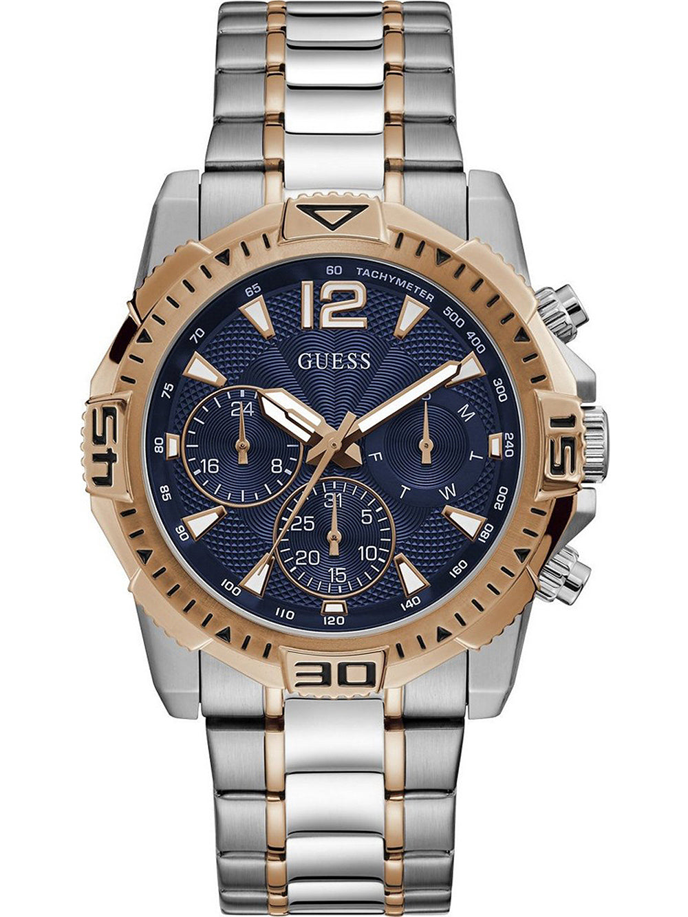 Guess Commander two-tone men's watch with blue dial, rose gold bezel and chronograph subdials