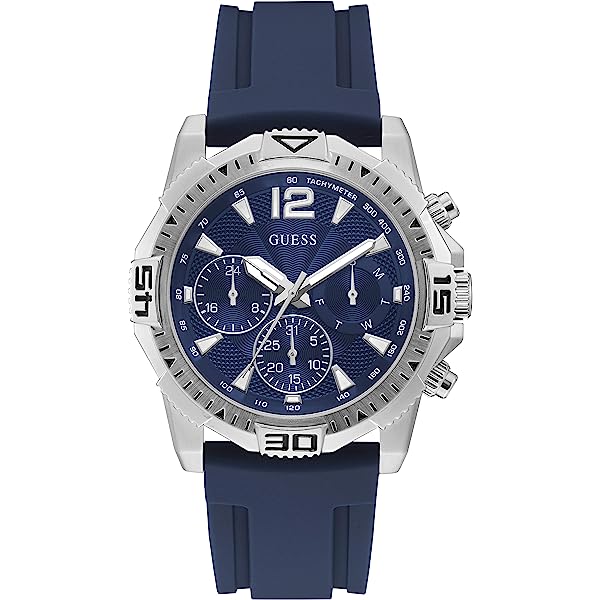 Guess Commander chronograph watch with blue dial, silver-tone case, and blue silicone strap