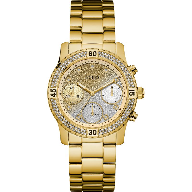 Guess Confetti Crystal ladies watch with gold-tone case, crystal bezel, and glitter dial with chronograph subdials