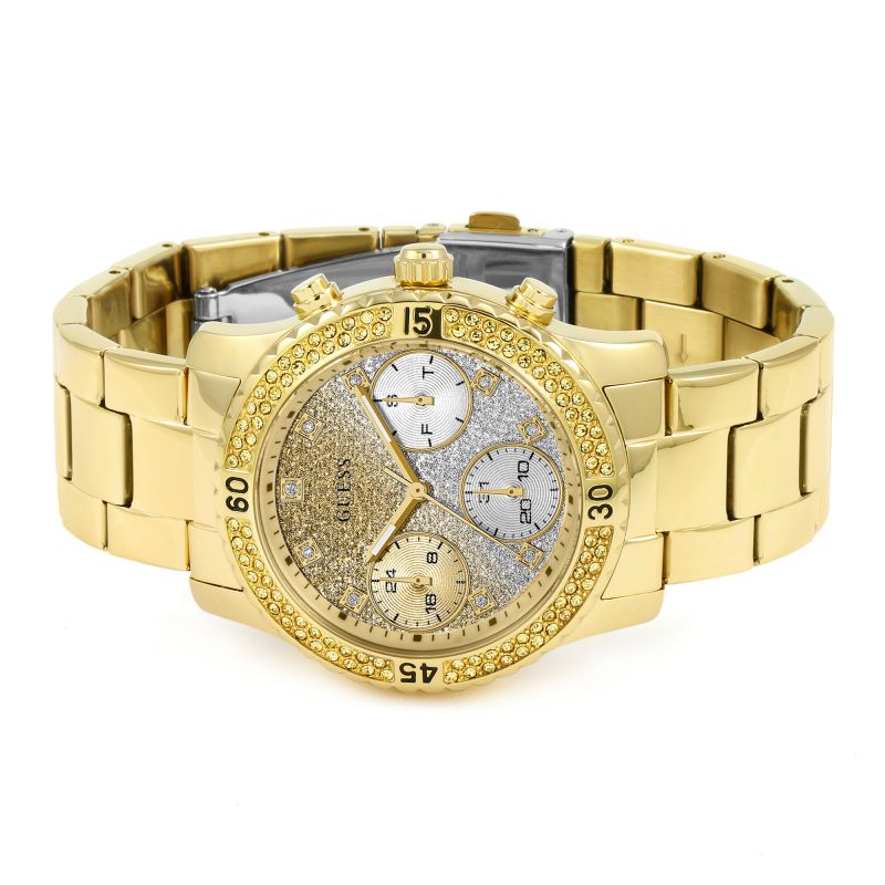 Guess Confetti Crystal watch displayed at angle showing gold-tone bracelet and crystal-set bezel detail