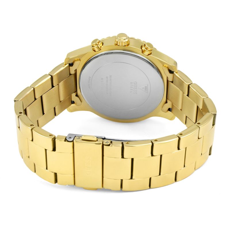 Back view of Guess Confetti Crystal watch showing stainless steel caseback and gold-tone bracelet