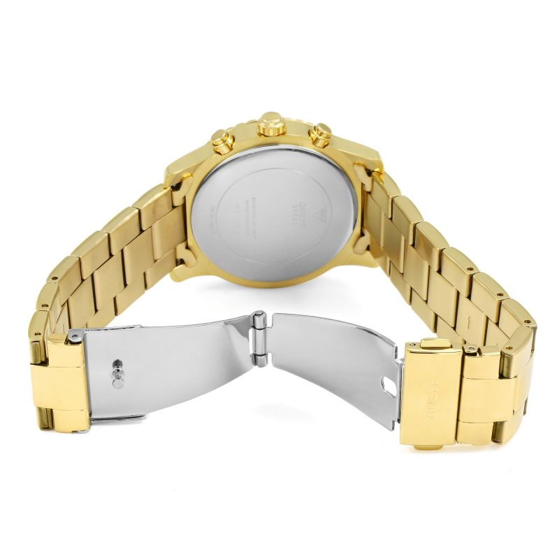 Guess Confetti Crystal watch shown disassembled with open caseback clasp detail on gold-tone bracelet