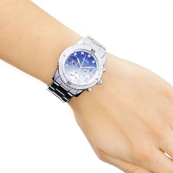 Guess W0774L6 chronograph on wrist showing crystal bezel and glitter dial detail