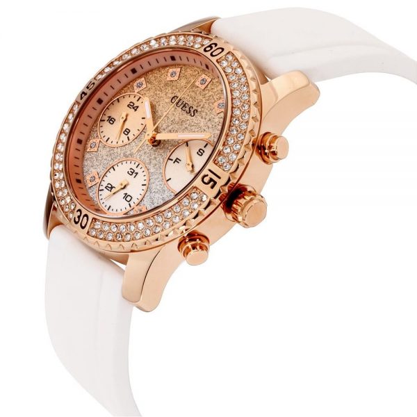 Angled side view of Guess Confetti ladies watch showing crystal bezel and white strap