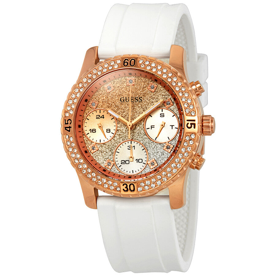 Guess Confetti Crystal rose gold-tone chronograph watch with white dial and white rubber strap