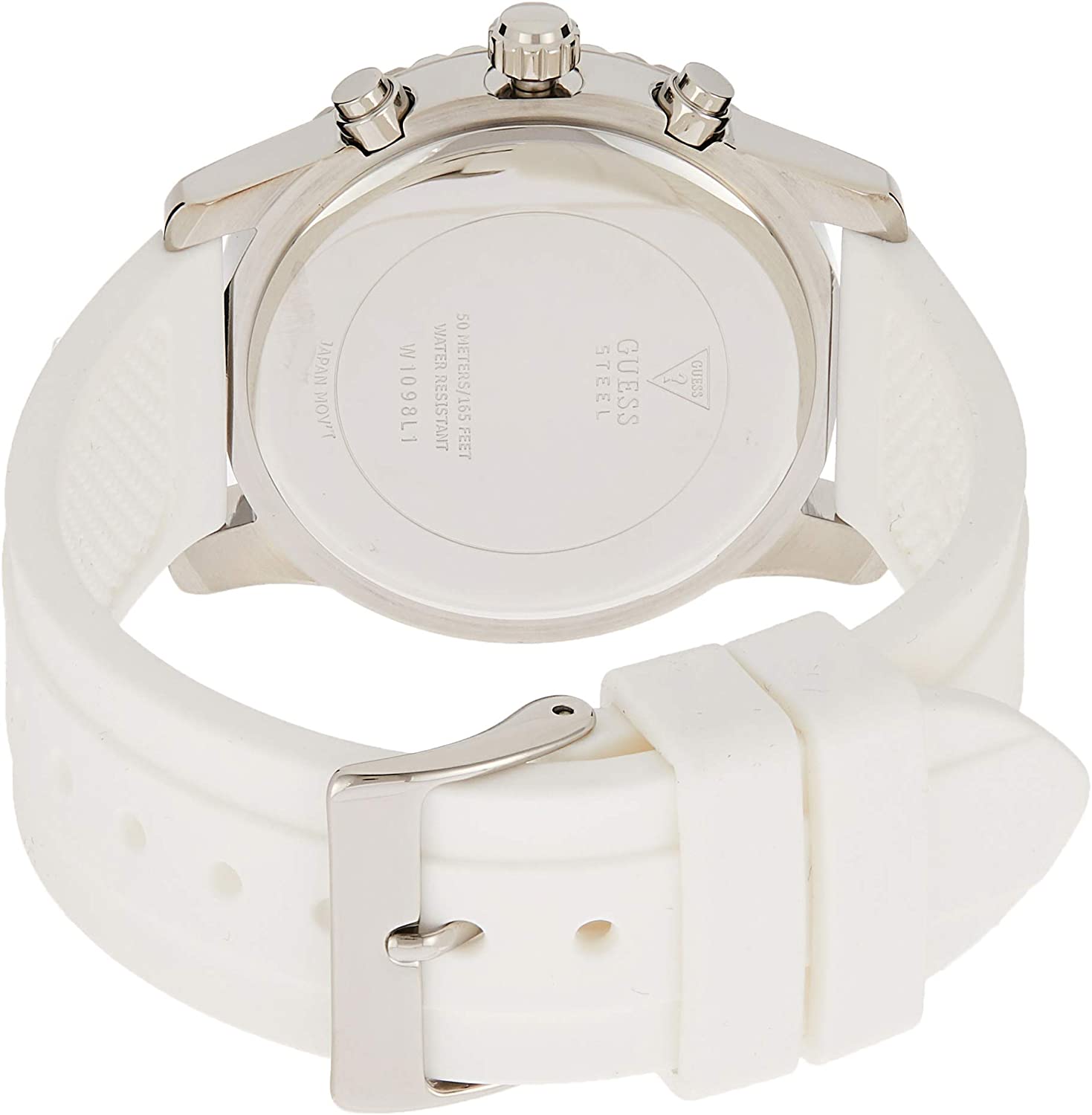 Guess Confetti Crystal watch caseback and white silicone strap with deployment clasp