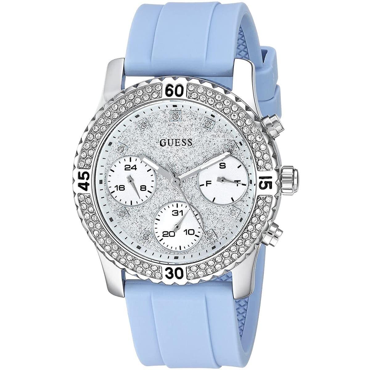 Guess Confetti Crystal women's watch with silver case, crystal-embellished dial, and blue rubber strap