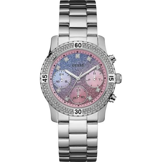 Guess Confetti silver-tone ladies chronograph watch with gradient pink and blue confetti dial