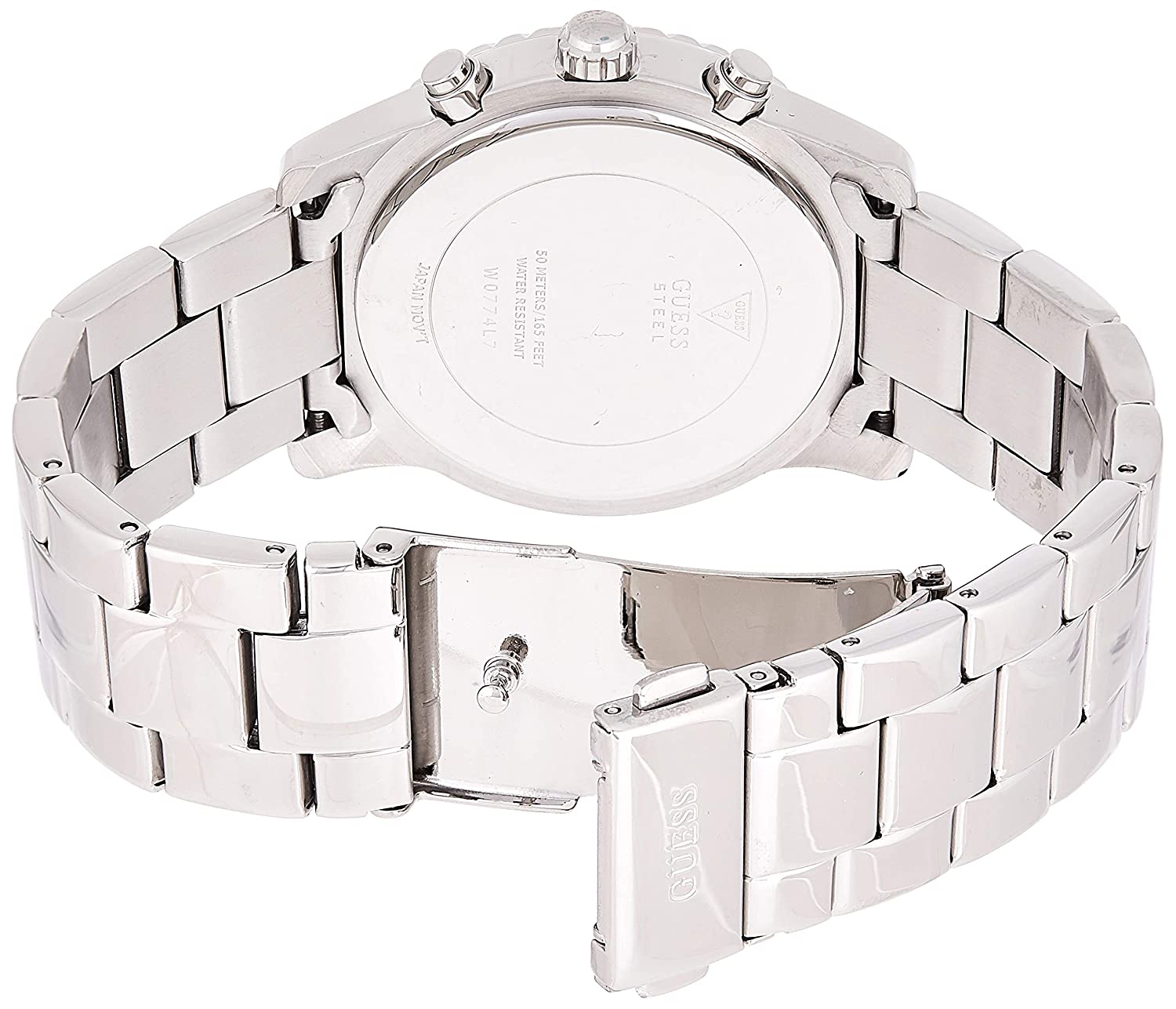 Stainless steel caseback with Guess branding and three pushers visible