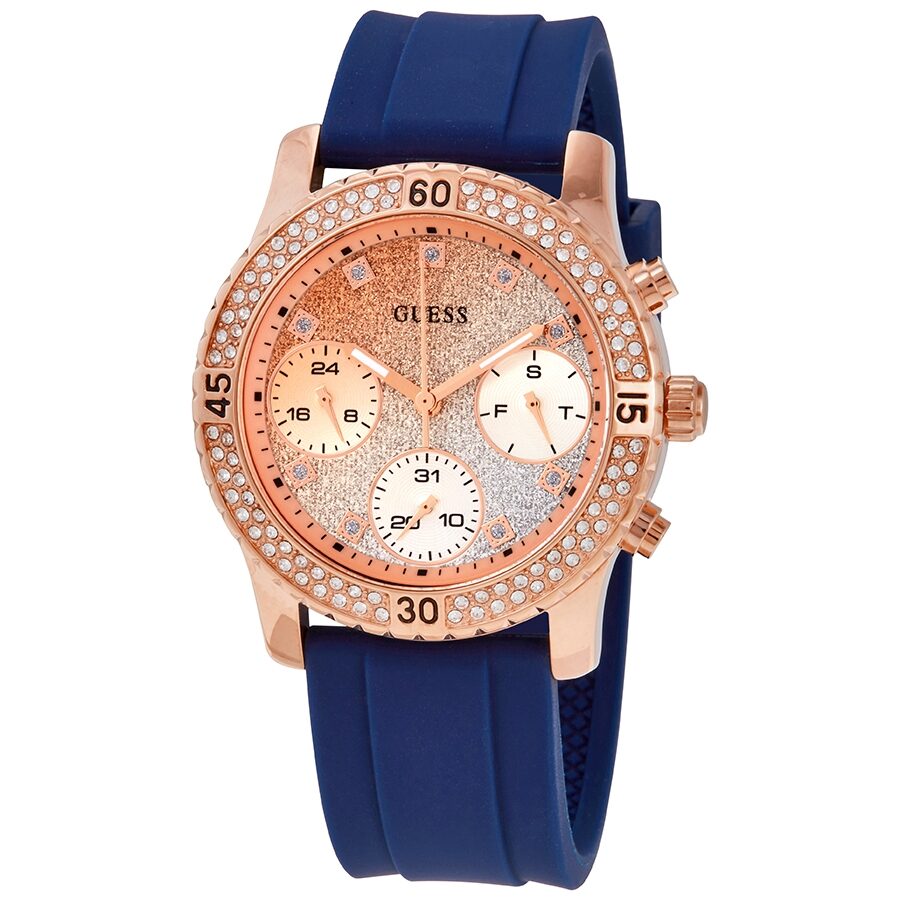 Guess Confetti Glitter Dial Ladies Watch W1098L6 rose gold with navy strap and crystal bezel