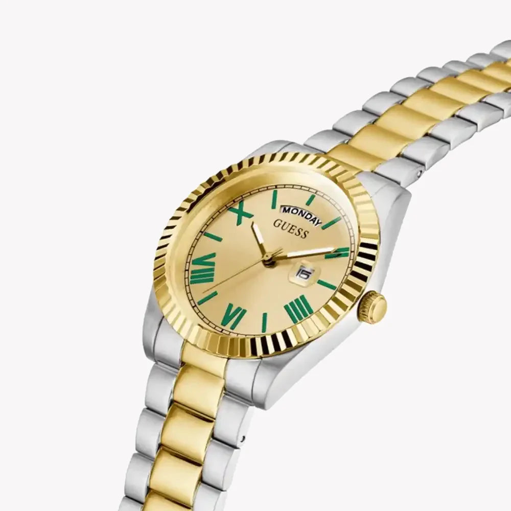 GUESS Connoisseur watch angled view showing two-tone bracelet and fluted bezel