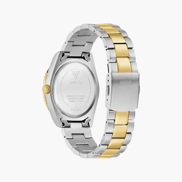 GUESS Connoisseur watch caseback and side profile of two-tone bracelet