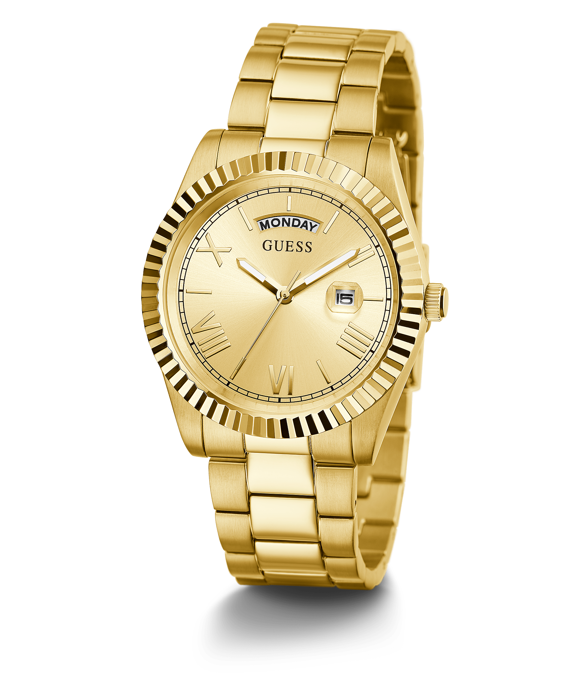Guess Connoisseur gold tone stainless steel watch with champagne dial and fluted bezel