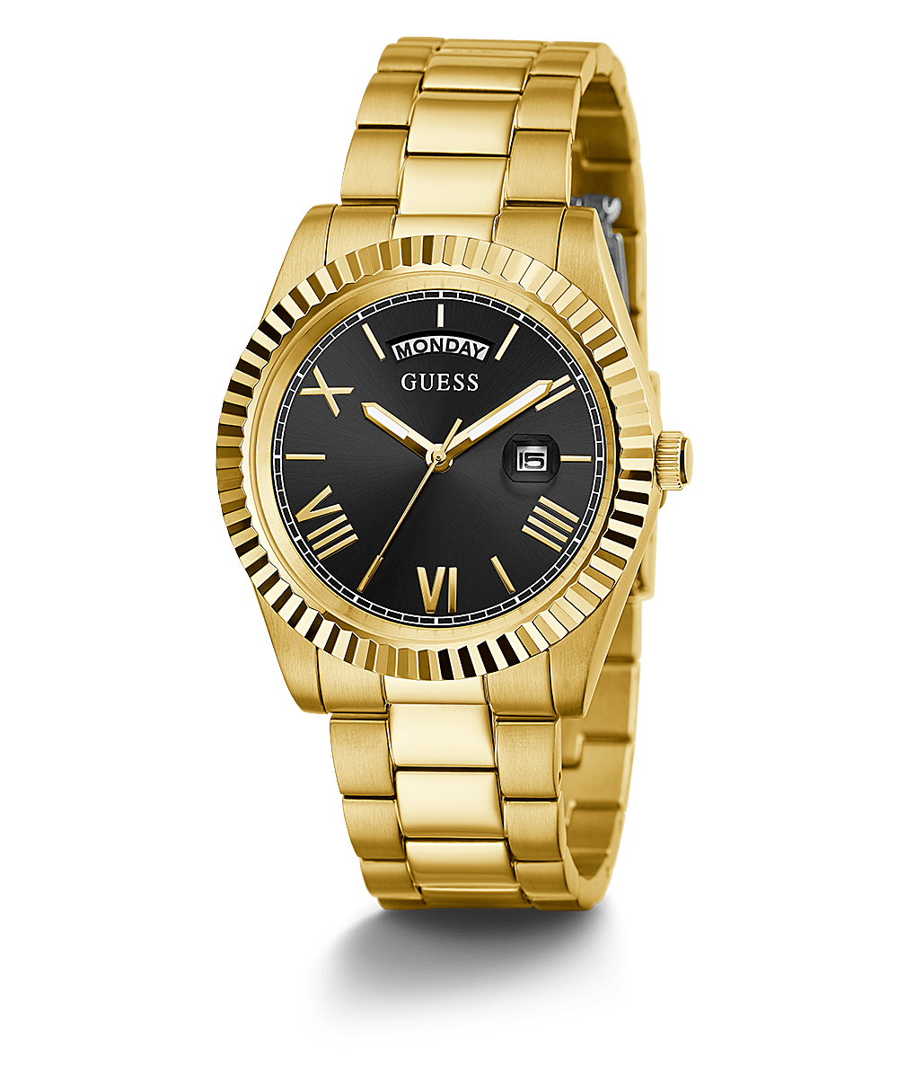 Guess Connoisseur gold tone men's watch with black dial and Roman numerals