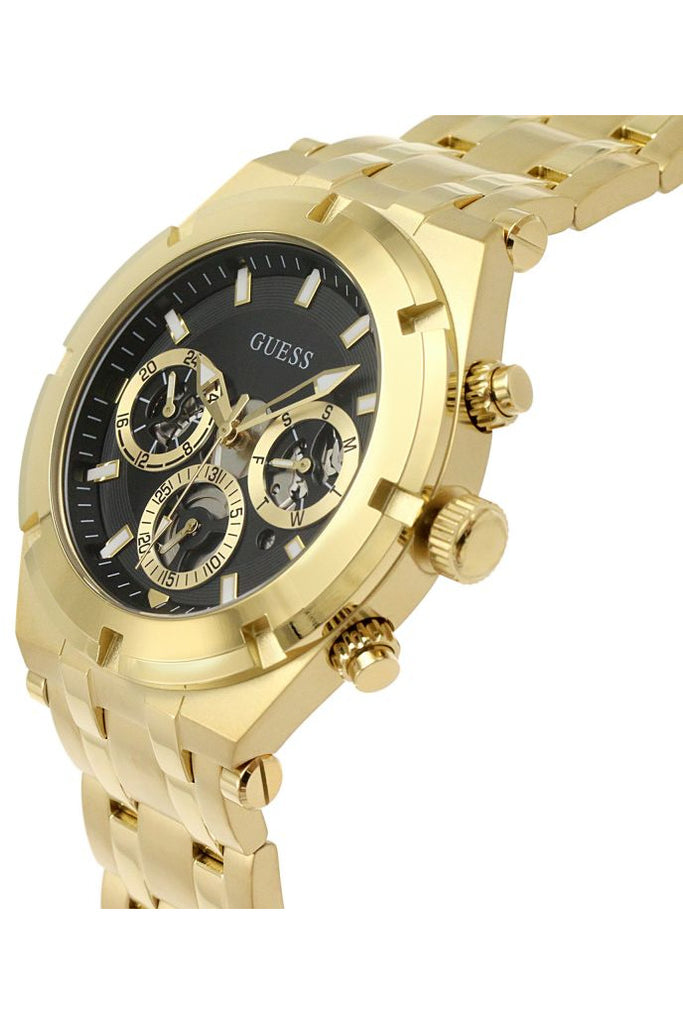 Guess Continental Chronograph gold watch angled view showing dial and bracelet