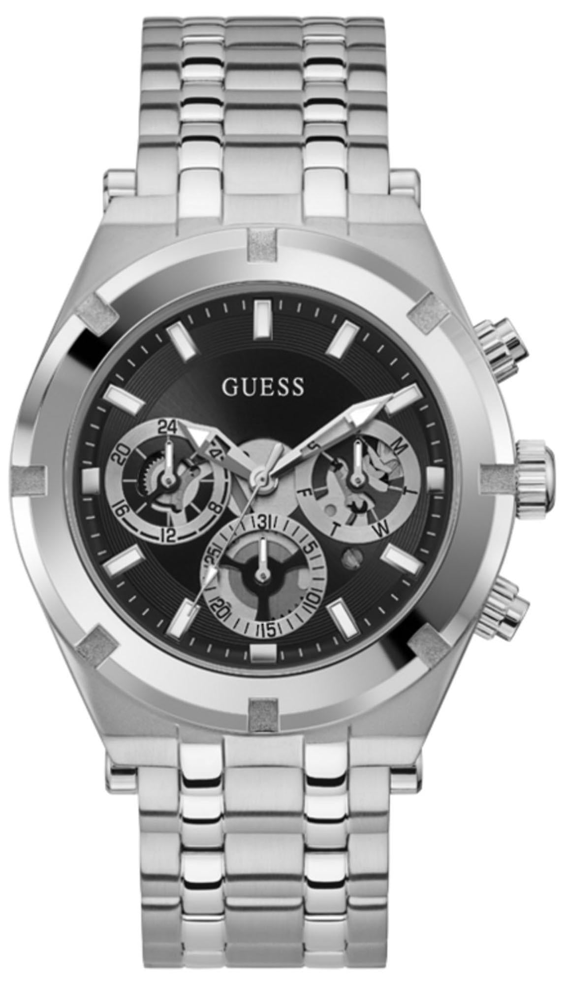 Guess Continental silver tone men's chronograph watch with black dial and subdials