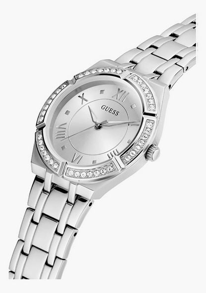 Guess Cosmo silver watch angled view showing bracelet strap and crystal-set bezel