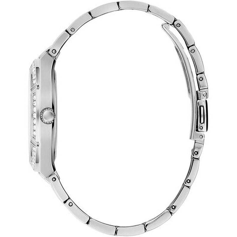 Side profile of Guess Cosmo silver watch showing case depth and bracelet links