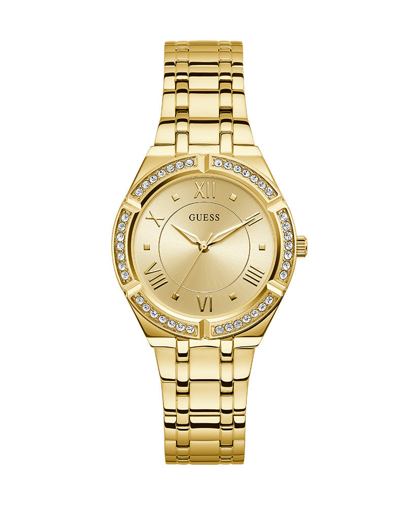 Guess Cosmo gold tone women's watch with crystal bezel and Roman numeral dial