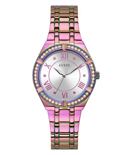 Guess Cosmo purple women's watch with crystal bezel and Roman numeral dial