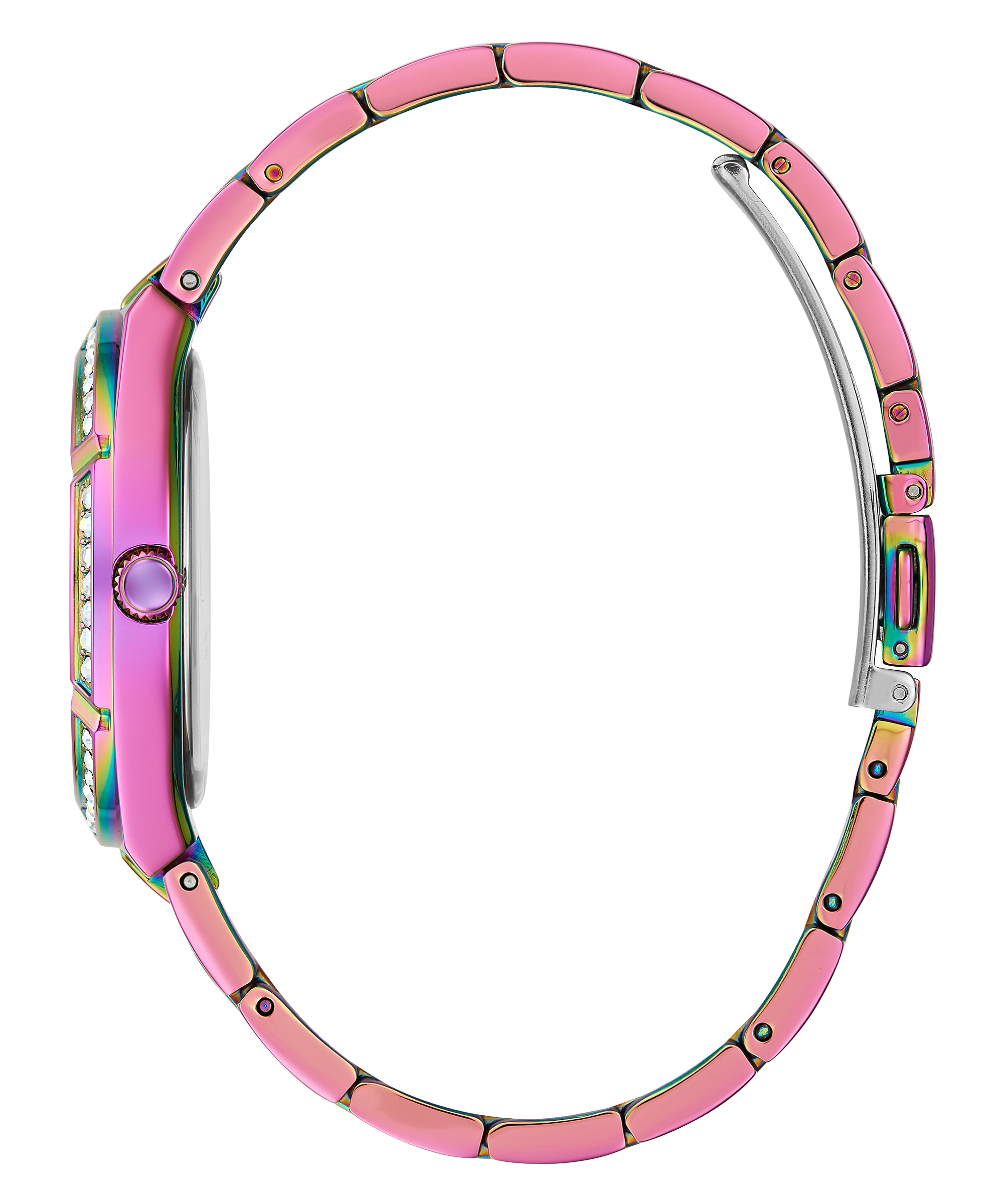 Side view of Guess Cosmo watch showing purple and rose gold tone metal bracelet