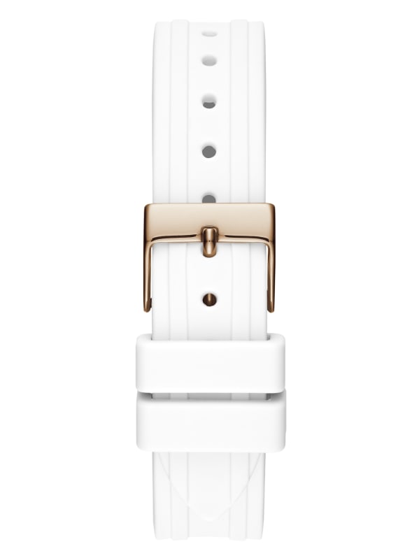 White silicone strap with rose gold buckle and adjustment holes for Guess Cosmo watch