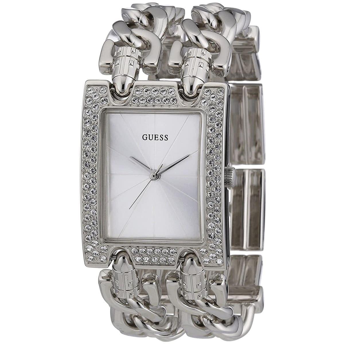 Guess Crystal Bezel ladies watch with silver-tone case, crystal-set rectangular bezel, and white dial