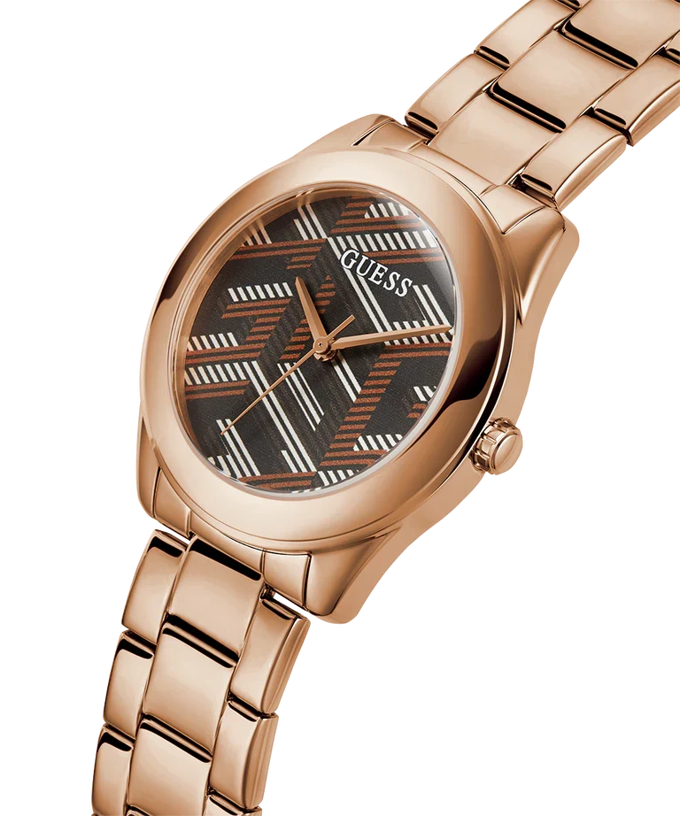 Guess Cubed watch angled view showing black dial and rose gold steel strap