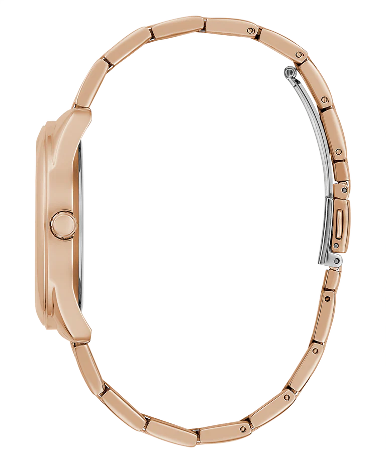 Guess Cubed watch side profile displaying rose gold steel case and bracelet