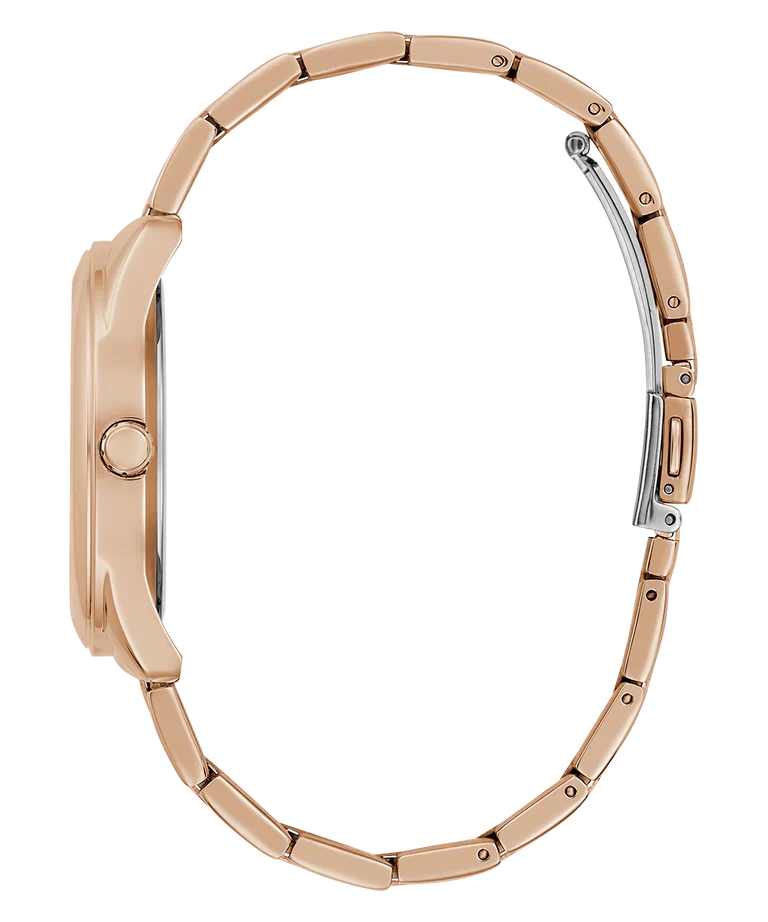 Guess Cubed watch side profile displaying rose gold steel case and bracelet