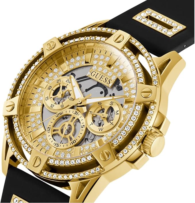 Guess Cut-Through Gold-Tone and Black Silicone Multifunction Watch - GW0537G2
