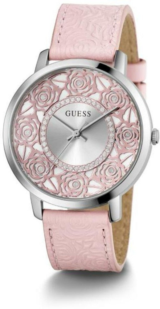 Guess Dahlia women's watch with silver dial, rose pattern, and pink leather strap