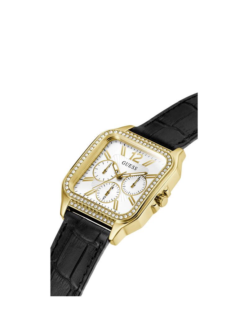 Guess Deco women's watch at angle with gold case, white dial, and black leather strap