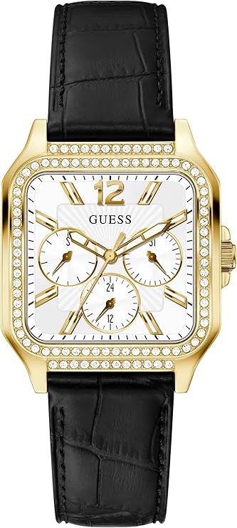 Guess Deco women's watch with gold case, white square dial, crystal-set bezel, and black leather strap