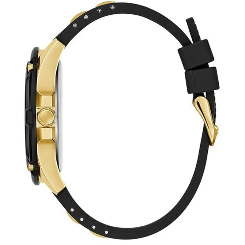 Side view of Guess Delta watch showing gold-tone case, black silicone strap and buckle
