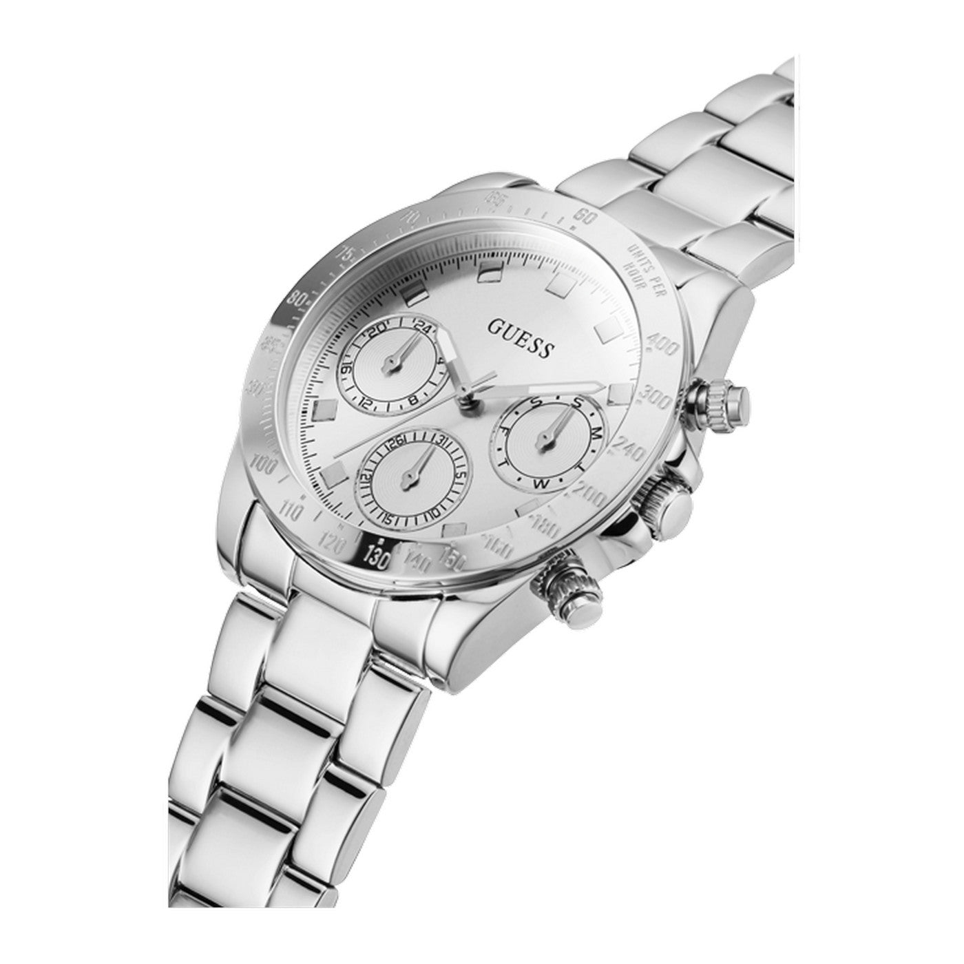 Guess Eclipse silver tone women's watch at angle showing three-link stainless steel bracelet