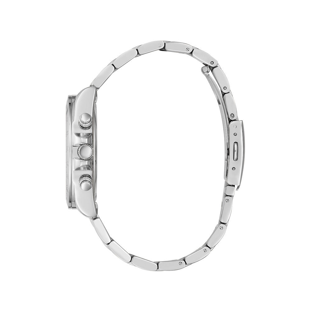 Guess Eclipse silver tone women's watch side view showing round case and link bracelet
